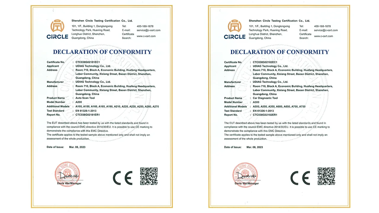 UDIAG automotive diagnostic scanner certificate