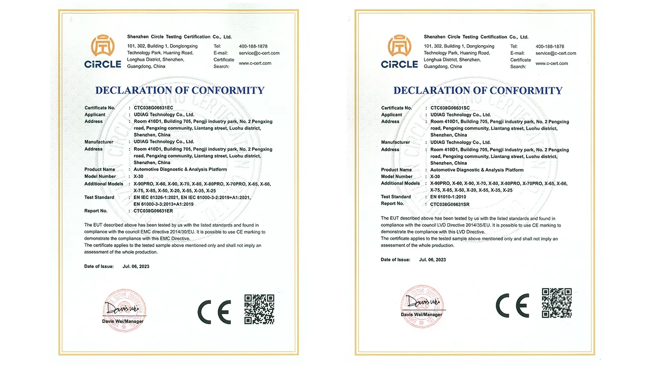 UDIAG automotive diagnostic tool certificate