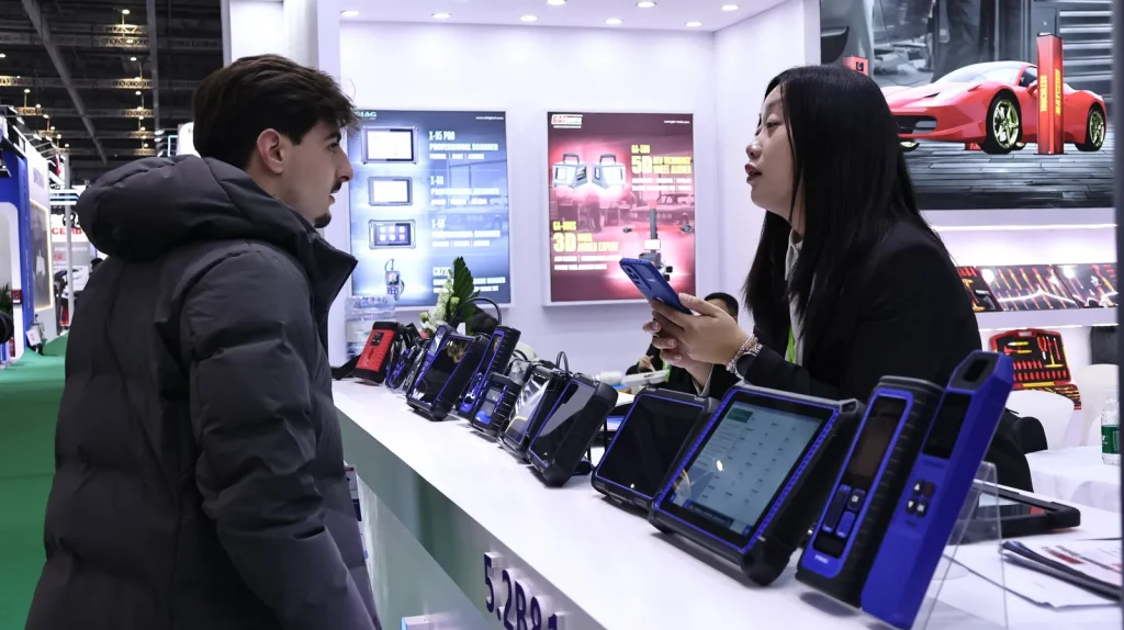 Introducing automotive diagnostic products to customers at the exhibition